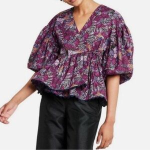 Kika Vargas Red Puff Sleeve Wrap Blouse